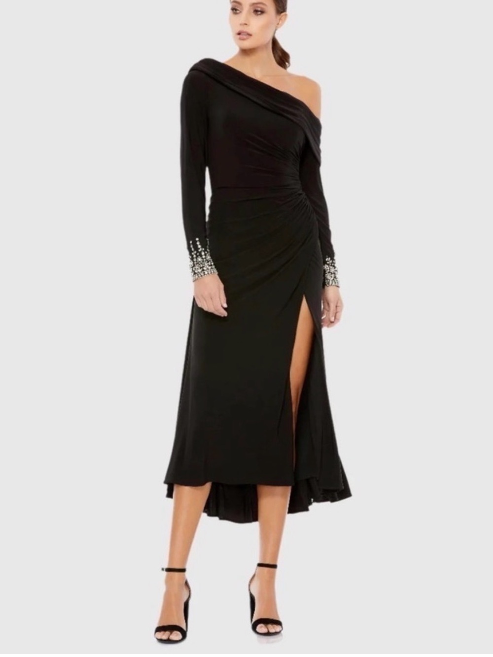 Ieena for Mac Duggal  Black Off Shoulder Midi Dress Rhinestone Cuff Size 4 NWT